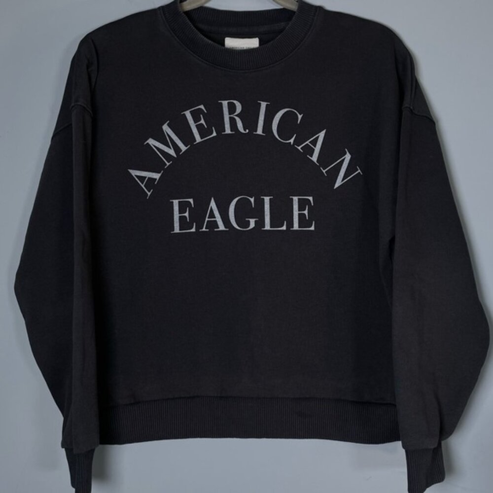 American Eagle Medium Sweatshirt Crewneck Sweater Grey AE Graphic Top Long Shirt - Picture 8 of 9